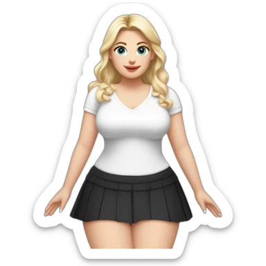 Front view full body curvy caucasian beauty sitting straight hands up black skirt white knickers white socks sticker