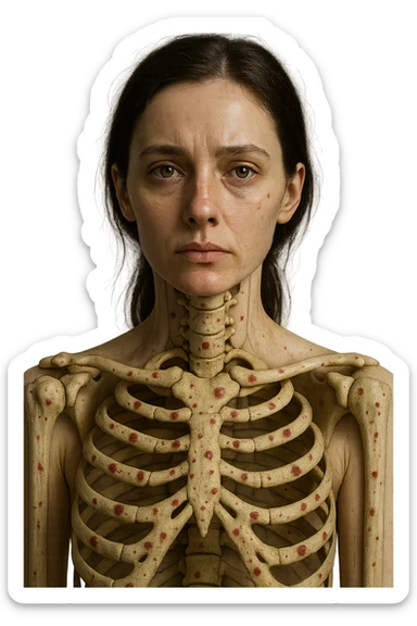 donna realistica con red spot sparsi alle ossa, ossa visibili sul corpo, iperrealistico 4k sticker