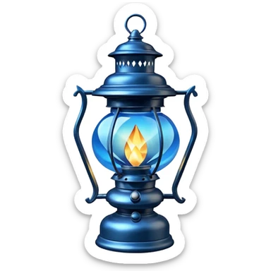 Silvery metallic shiny alloy dark ominous floating diamond-shaped old antique lantern lamp with a magical will-o-wispy glowing blue flame inside it  sticker