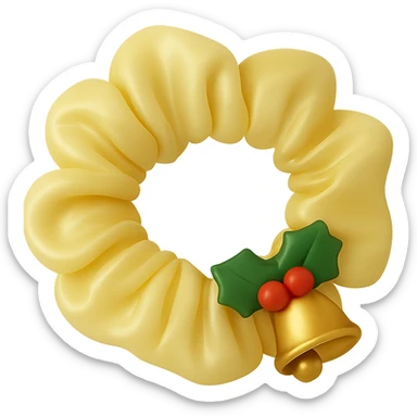 Add small holly leaves and berries next to the Christmas bell charm on the pastel yellow silky scrunchie, keep the 3D emoji style and shimmer effect. Remove the background. The original style is 3D emoji style which does not support editing, so use a general style editor while respecting the 3D emoji look. sticker