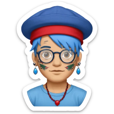 unique looking tourist with big unique red tourist hat and earrings, man with lots of tattoes and spectacles, blue hair showing sticker