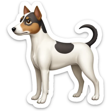 a full body large white parson russell looking dog the size of a kelpie with light brown ears and a light brown patch on one eye and a large snout sticker
