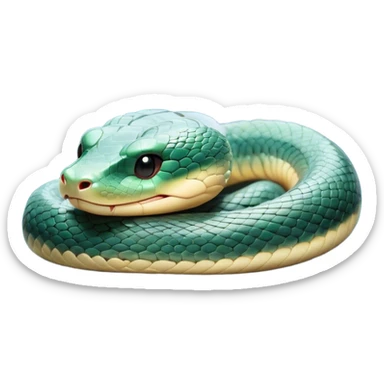 Meme-Worthy Cute Sleeping Chinese Water Snake Portrait Emoji, Head resting peacefully with a contented smile, showcasing a slender, graceful build and a luxuriously soft, shimmering scaled body, eyes gently closed in serene, fluid slumber, Simplified yet hilariously adorable features, highly detailed, glowing with a soft, drowsy aquatic light, high shine, relaxed and utterly lovable, stylized with an air of playful laziness, soft glowing outline, capturing the essence of a sleeping water snake that feels destined to become the next viral sensation of adorable aquatic rest! sticker