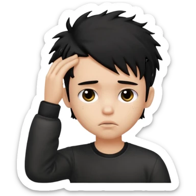 a PRETTY BRATZ boy with black messy hair, one hand on head. looking sad sticker