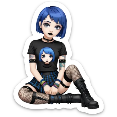girl short blue hair goth makuep black lipstick black band tee fishnets and fishnet arm warmers beaded colorful bracelets black goth skirt combat boots sticker