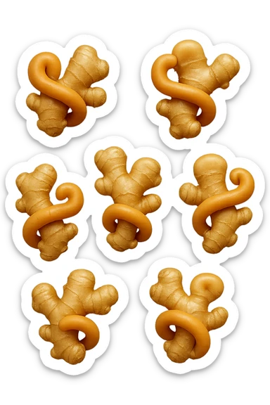 emoji stile iphone 3d di 6 piccoli pezzi di zenzero che fluttuano in aria con pezzi di colon arrotolati intorno, iperrealistico 4k sticker
