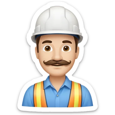 Business owner, well dressed, blue shirt, mustache, construction protection hat, happy sticker