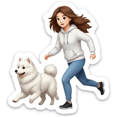 A beautiful girl with long hair wearing a white sweatshirt and jeans is running with a Samoyed sticker