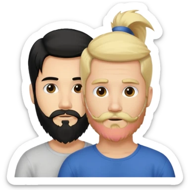 Man with long black hair tied in a tail and beard with a young blond short-haired without a beard sticker