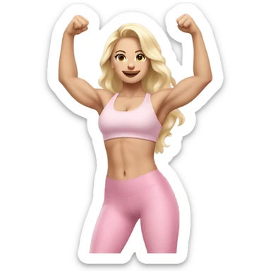Woman, white skin, pale skin, long hair, blonde hair, wavy hair, baby pink sports bra, baby pink leggings, flexing one arm up sticker
