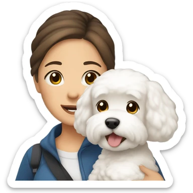 A hair-in-a-bun Asian woman, with brown hair, carrying a cute and happy Bichon Frise at the airport  sticker