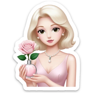 white rose next to a pearl-colored envelope and a flacon of aesthetically pleasing perfume in powder pink  sticker