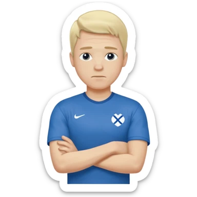 Pale blond man in blue football t shirt crossed arms trembling from cold sticker