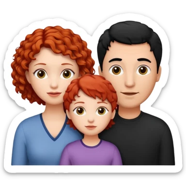 a family of three, all three white: the mother with short, curly red hair, the father with black hair, and the daughter with black hair. sticker