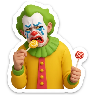 Make the ugly joker in the yellow jersey cry brutally out of envy, with exaggerated tears and a jealous, envious expression, still eating a lollipop, no background. Render in a style suitable for editing with transparent background. sticker