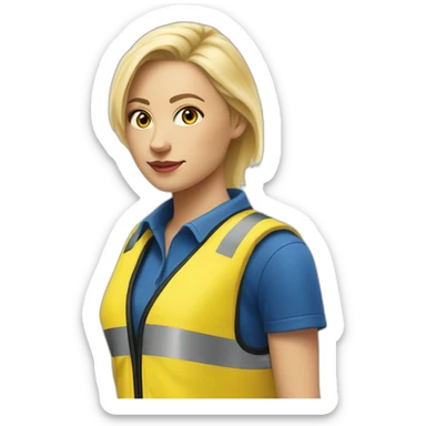 Ikea coworker blond woman blue stripes t-shirt and yellow security vest sticker
