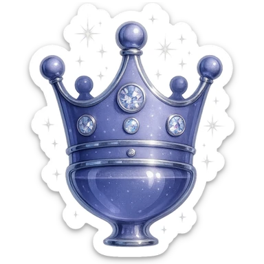Transform this crown into a small, elegant elixir bottle: keep the crown shape and color #7986cb, bottom merges into a bottle/flask, add prominent silver and holographic details, extra magical sparkles, very small neck, seamless bottom, floating in air, transparent background, no base or shadow, modern, luxury collection style. Style: modern luxury collection, transparent background, floating, prominent silver and holographic details, extra magical sparkles. sticker