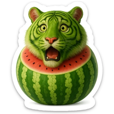 Edit the watermelon tiger character to have a surprised expression. Keep the transparent background. sticker