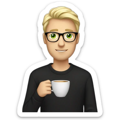 Blonde man green eyes in black jumper with clear glasses holding a white coffee cup sticker
