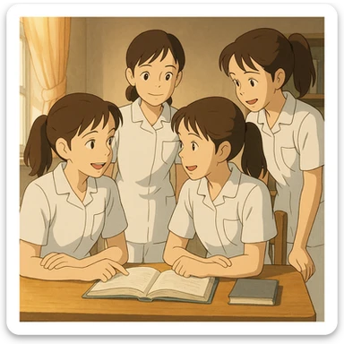 Ghibli scene of four nursing students (based on references), interacting indoors, wearing white short-sleeve uniforms with V-neck, left chest pocket, bare forearms, long hair tied back, no stethoscopes or collar stand. Medical tunic style, collaborative atmosphere. sticker