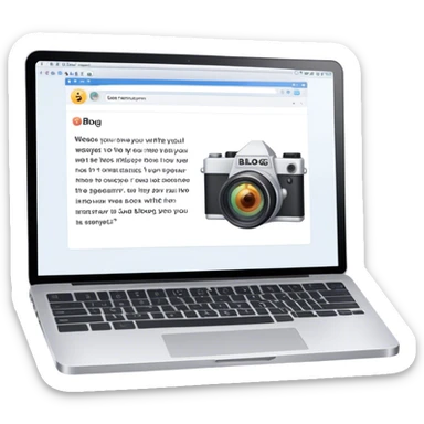 Create an emoji representing blogging. The design should feature an open laptop or tablet with a visible blog post on the screen, showing text. Add a photo or video camera to emphasize multimedia content. Do not include any emojis or smiley faces. Make the background transparent. sticker