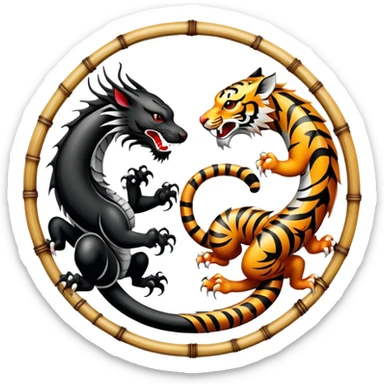 An icon symbolizing Eastern martial arts in the style of an emblem, featuring a black-and-white Yin-Yang symbol, a dragon, and a tiger. The dragon and tiger represent strength and agility, surrounding the symbol. Traditional elements like bamboo add to the design. Transparent background. sticker