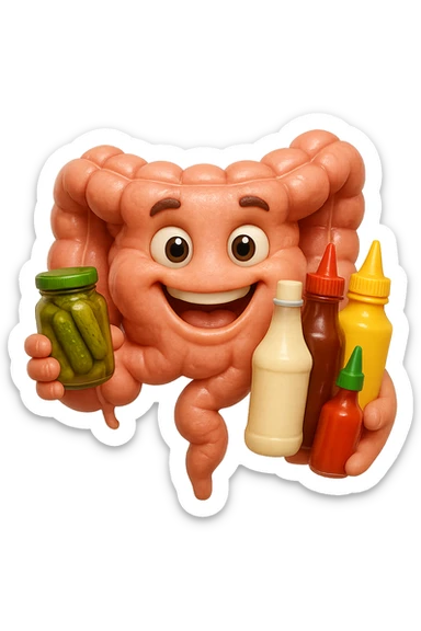 emoji stile iphone di intestino umano con espressione felice mentre tiene in mano cetriolini sottaceto, maionese, salsa barbecue, salsa, senape realistica
IPERREALISTICO 4K sticker