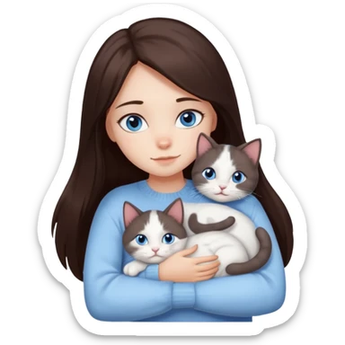 a girl with long dark 
brown hair, with blue eyes, in a
white sweater, hugs 3 different natural coloured cats sticker