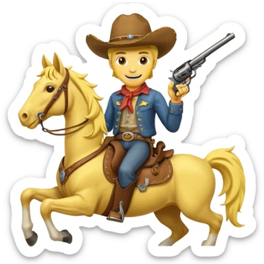 Cowboy riding a horse with revolver. Cowboy With yellow skin and smilling. I mean the face should yellow like mustard color. Simplize it and I need a full pic with horse. Like I need the leg part too sticker