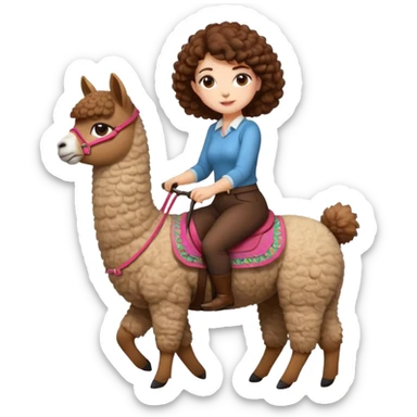 cute woman short tight curly brown hair riding an alpaca sticker