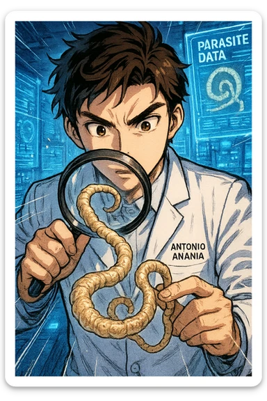 A dynamic manga/webtoon-style illustration of a young male kinesiologist wearing a clean white lab coat, analyzing light beige worms like a tapeworm under a magnifying glass. His expression is focused and slightly intrigued, with sharp, detailed eyes. The art style is vibrant, with bold linework, rich colors, and dramatic lighting. The background is a futuristic laboratory with glowing holographic screens displaying parasite data. The tapeworm is intricately drawn, slimy and segmented, with a slightly exaggerated yet realistic texture. The composition is dynamic, with motion lines or energy effects to emphasize his scientific investigation. The atmosphere is intense but not dark, keeping a balance between scientific seriousness and stylish manga aesthetics, he has "ANTONIO ANANIA" WRITTEN ON WHITE LAB COAT sticker