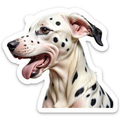 Cinematic Cute Yawning Spotted Dalmatian Portrait Emoji, Head tilted slightly with a dramatic, wide-open yawn, showcasing a smooth Fur of predominantly white with bold black patches, floppy ears slightly drooping, round eyes barely open in drowsy contentment, Simplified yet irresistibly adorable features, highly detailed, glowing with a soft, cozy glow, high shine, relaxed yet expressive, stylized with a touch of whimsy, bright and endearing, soft glowing outline, capturing the essence of a sleepy yet affectionate guardian, so drowsy it feels like it could stretch out of the screen and curl up for a nap! sticker