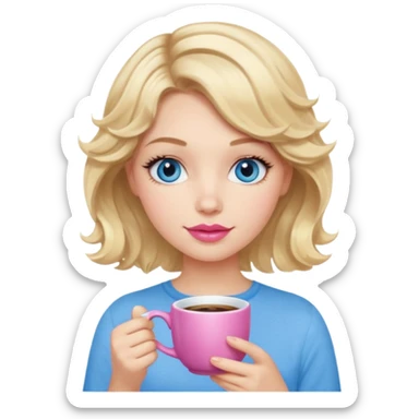 Girl Blonde short wavy hair,  blue eyes, cute blue top, long lashes, pink lips, holding hot coffee mug sticker