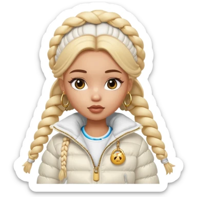 generate a pretty bratz girl with a WHITE puffer jacket, hoops, long braided hair sticker