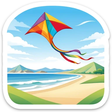 A colorful kite soaring high in the sky on a sunny day, with a long, flowing tail trailing behind. The background features an open field or beach, capturing the joy and freedom of flying kites, with gentle winds and a peaceful atmosphere. sticker