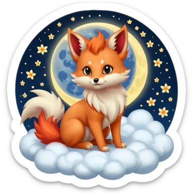 Moon-bathed Kitsune-Ninetails-Vulpix-Zorua-fox-kit-goddess serene peaceful glowing wide open white neon sharp orb eyes, sitting on a cloud, night sky dark, visionary, mystic, mysterious, mystical, legendary  sticker