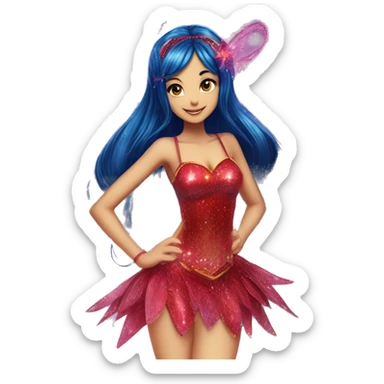 Musa asian adult fairy of music in her enchantix fairy red sparkling two-piece clothing and fairy enchantix wings and long dark blue hair in pigtails from winx club. Lots of sparkles and fairydust. Full body pic and full fairy bliss sticker