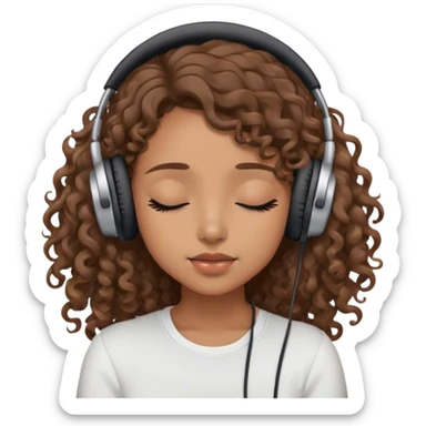 Light brown skin girl, long curly brown flat hair, eyes closed, headphones on listing to music sticker