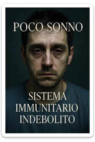 vertical realistic cinematic image of a man who sleeps little, visibly tired, with representation of a weakened immune system, clinical dramatic lighting, Italian captions, aspect ratio 2:3 sticker