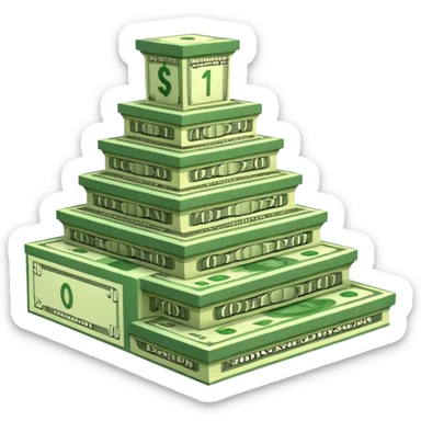 A three-level podium made entirely of stacked banknotes, rising from left to right with each step higher than the previous one. sticker