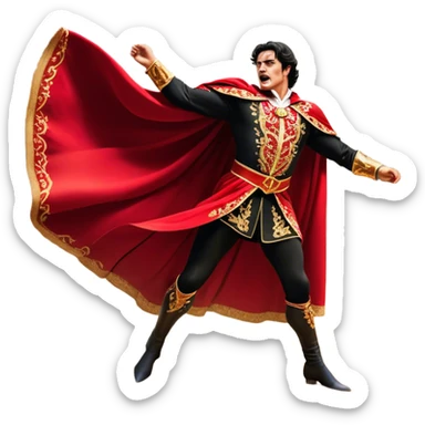​Cinematic Realistic Spanish Matador Holding a Red Cape, depicted in mid-action with a vibrant red cape flowing in the wind, dressed in an ornate traje de luces with shimmering details, confronting a charging bull in a dramatic arena, rendered with dynamic motion blur and vivid, high-contrast lighting, sticker