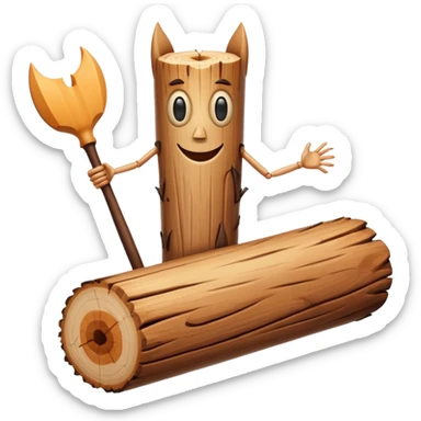 The character is an anthropomorphic wooden log with a cartoonish face, human arms and legs, and a long wooden bat, giving it a surreal, humorous appearance. sticker