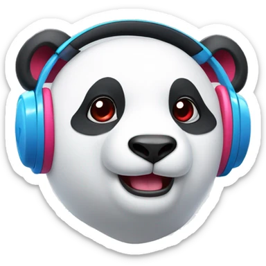 white panda, wit red ears, with red blue pink headphones, with one button eye sticker