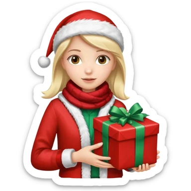 a girl wearing a chirstmas jacket and scarf and holding a christmas gift sticker