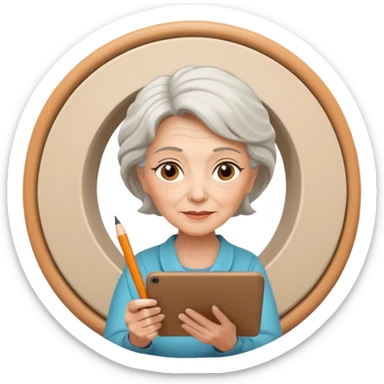 Older woman sketching in spiral pad, spiral pad to the camera sticker