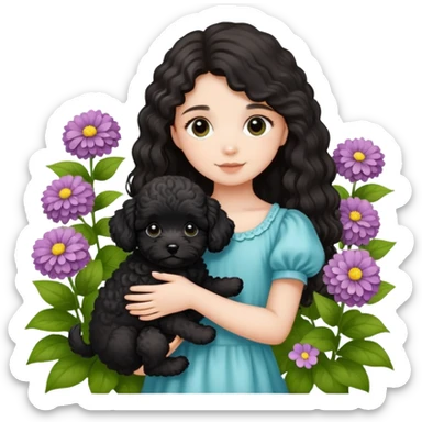 A long-haired girl holding a black maltipoo puppy in the flowers sticker