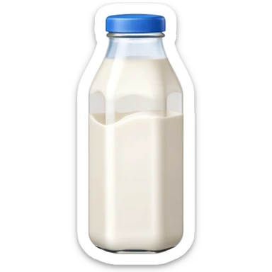 A 3D cartoon bottle of milk with white liquid, blue cap, clean reflections, Memoji-style. sticker