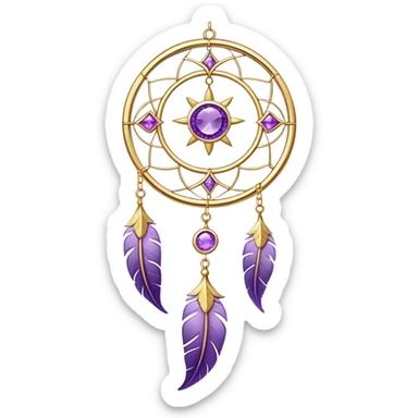 Epic beautiful gorgeous cute gold suncatcher, threads with shiny sparkly amethyst gemstones, flowers, crescents-moons, stars, violet Feather, gold feather sticker