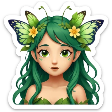 Cinematic Realistic Forest Fairy Portrait, head tilted playfully and inquisitively, showcasing a nature-inspired form with intricately detailed, sunlit tanned skin and cascading dark green hair interlaced with leaves and blossoms showing her large butterfly wings from her back. Her bright, curious eyes sparkle with forest mischief, rendered with lifelike clarity and warm, dappled lighting that captures the spirit of an enchanting woodland fairy ready to dance among the trees. sticker