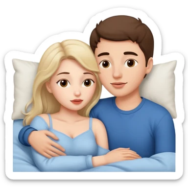 A woman and a young man are lying in bed and cuddling with each other. And they kiss on the lips. sticker